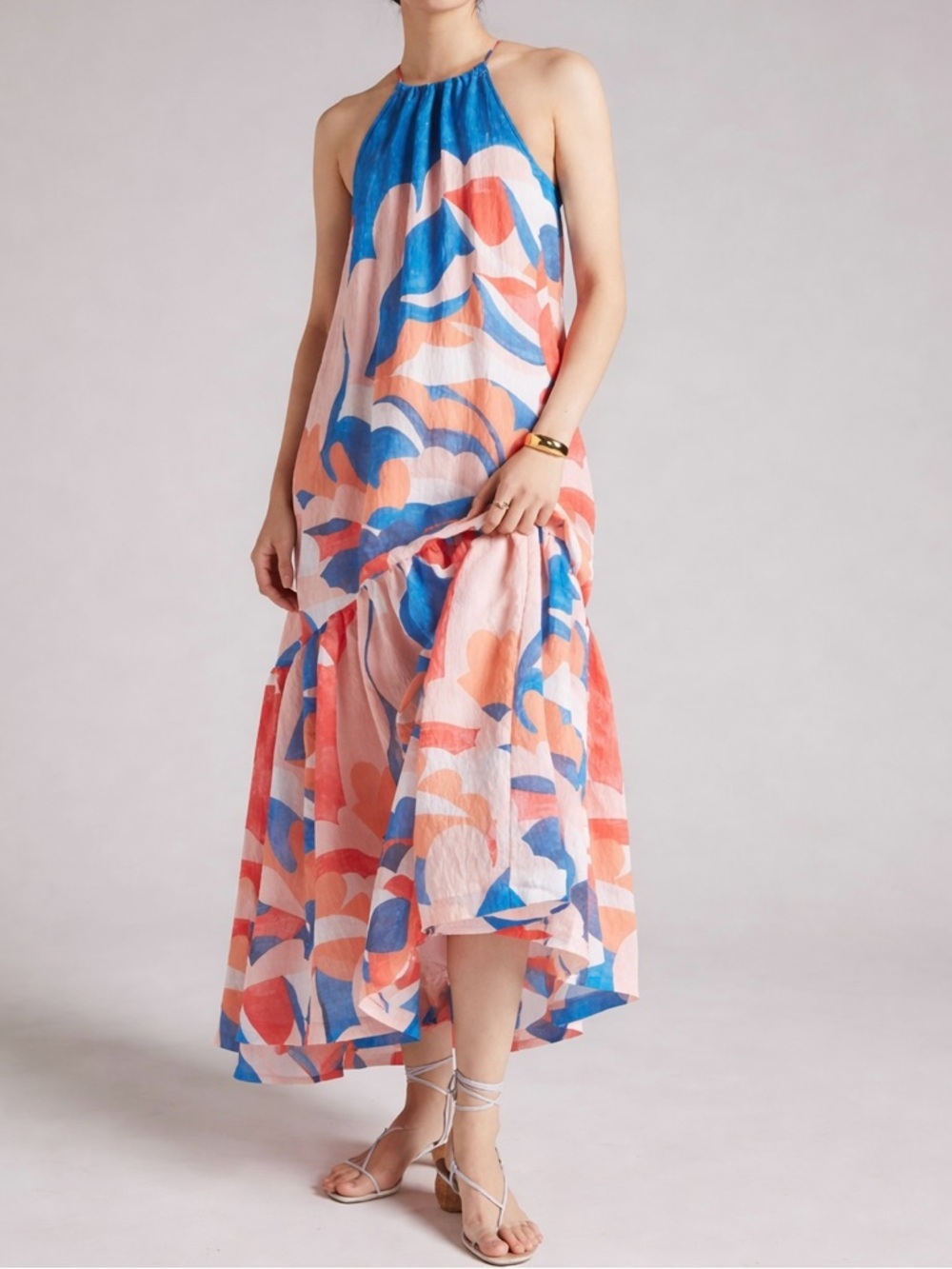 Anthropologie High-Low Halter Dress in Coral, Blue & Pink Abstract Print